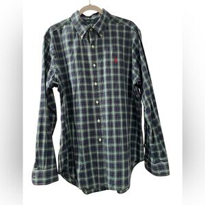 Ralph Lauren Men’s Button Down Long Sleeve Navy and Green Plaid Size Large